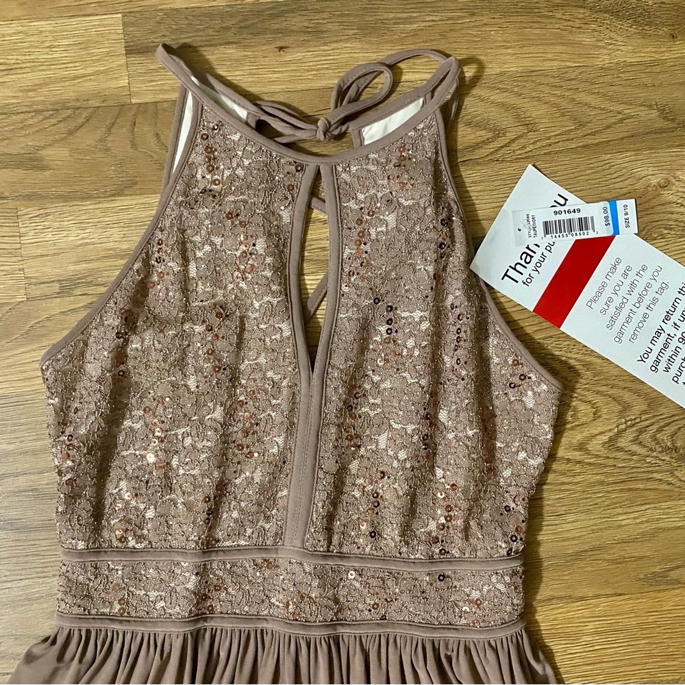 NWT Morgan & Co. Lace Tie Back Long Halter Dress Taupe Size 9/10 Style 12089